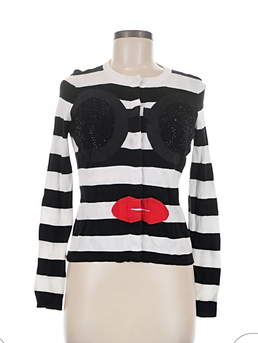 Alice + Olivia Black & White Striped Cardigan with Red Lip Applique
